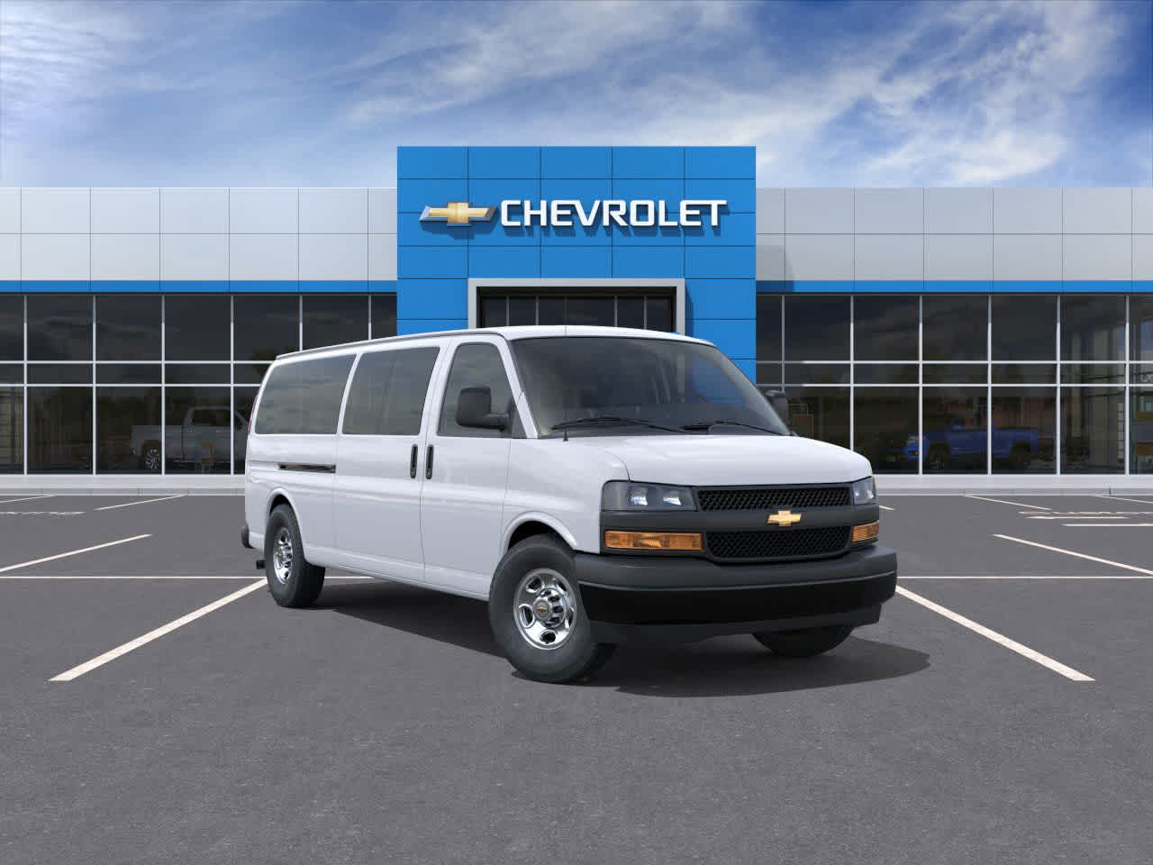 2025 Chevrolet Express Passenger 1LS in Summit White — front three-quarter view